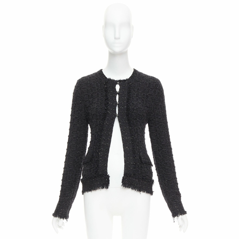 CHANEL 05A black metallic tweed silver CC logo cardigan jacket FR38 M-9