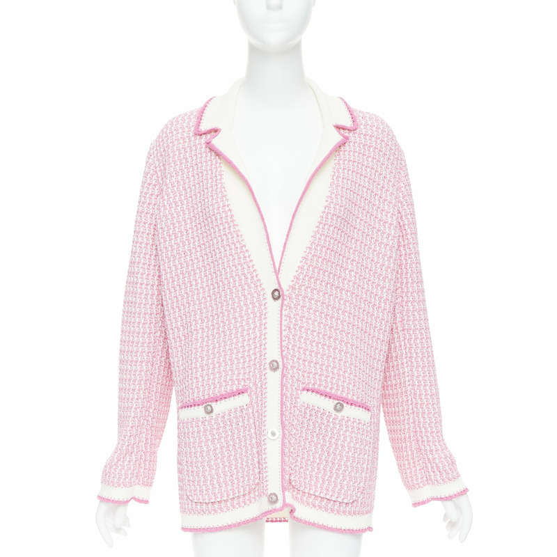 CHANEL 2022 pink white tweed metallic buttons long knit cardigan FR42 XL-0