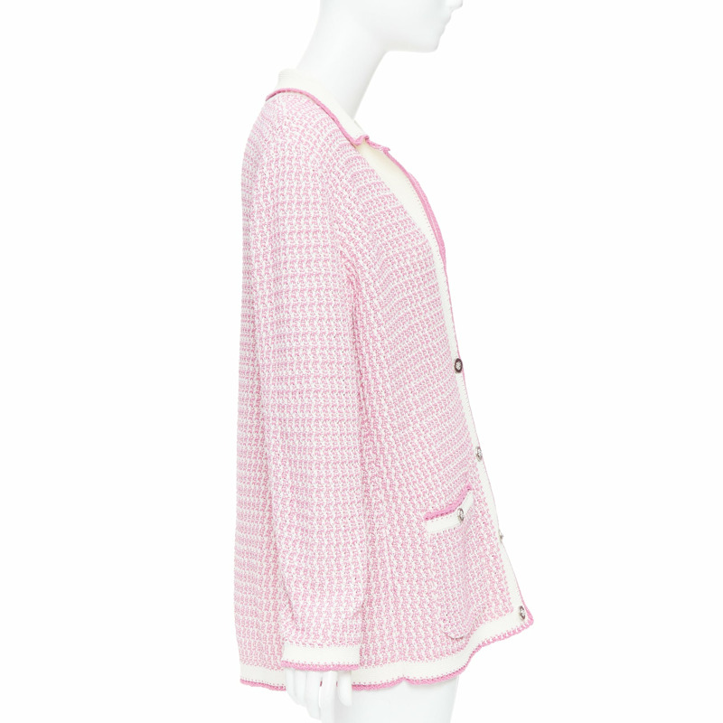 CHANEL 2022 pink white tweed metallic buttons long knit cardigan FR42 XL-4