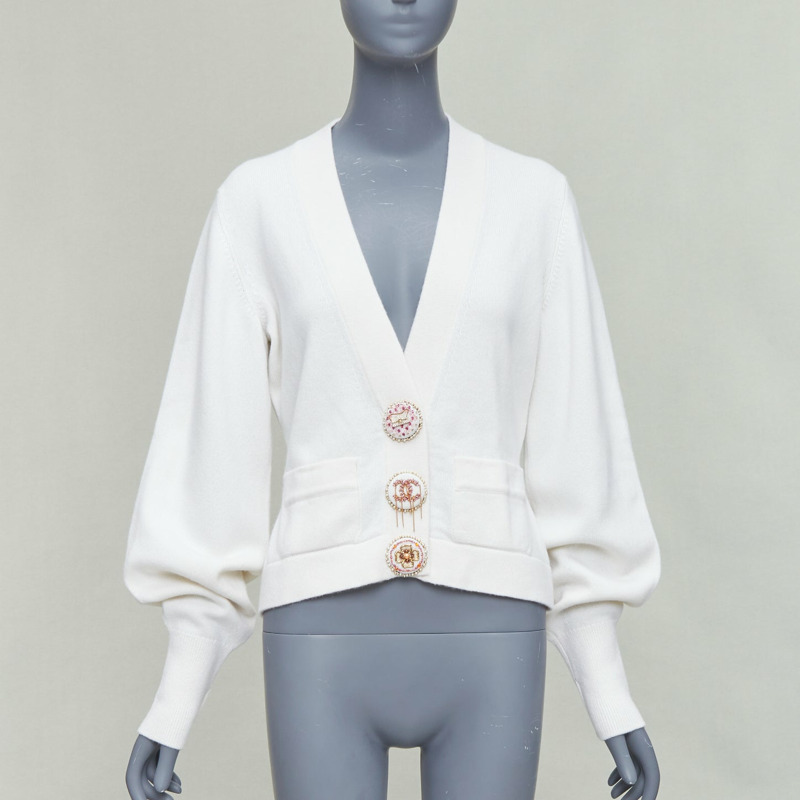 CHANEL 22A off white cashmere blend pink CC crystal buttons cardigan FR38 M-0
