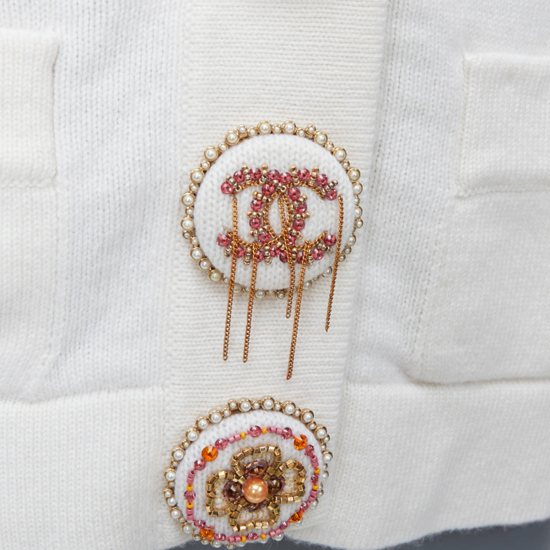 CHANEL 22A off white cashmere blend pink CC crystal buttons cardigan FR38 M-1