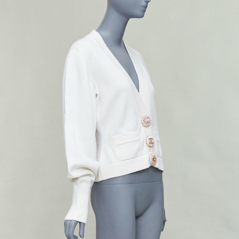 CHANEL 22A off white cashmere blend pink CC crystal buttons cardigan FR38 M-2