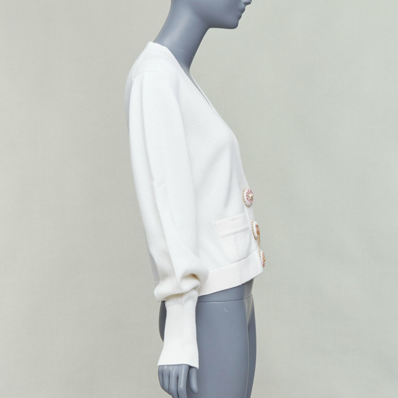 CHANEL 22A off white cashmere blend pink CC crystal buttons cardigan FR38 M-3