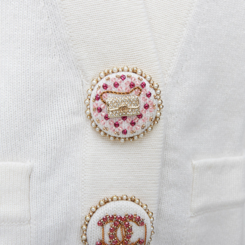 CHANEL 22A off white cashmere blend pink CC crystal buttons cardigan FR38 M-6