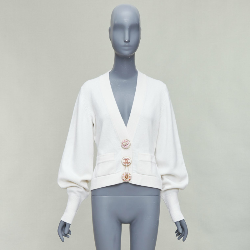 CHANEL 22A off white cashmere blend pink CC crystal buttons cardigan FR38 M-8