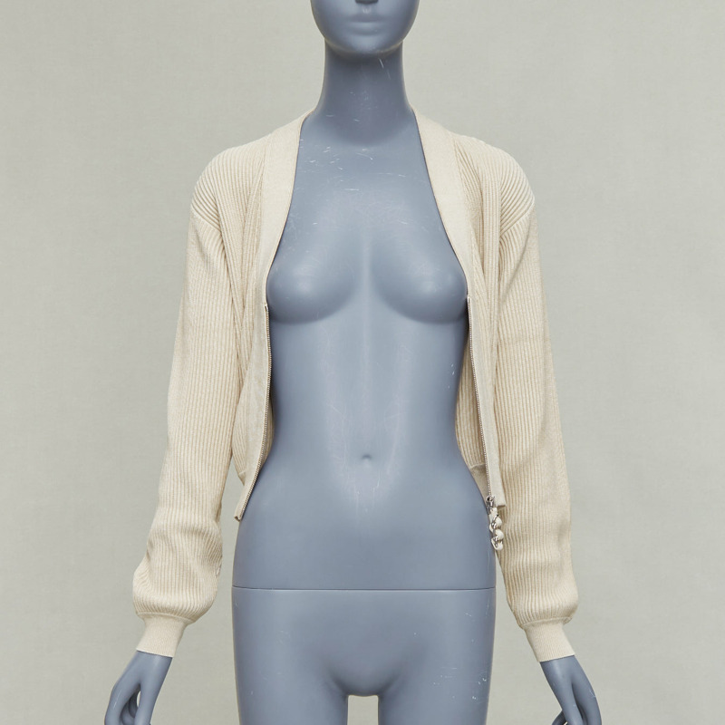 HERMES ecru viscose silk silver zipper head ribbed crop cardigan FR36 S-2