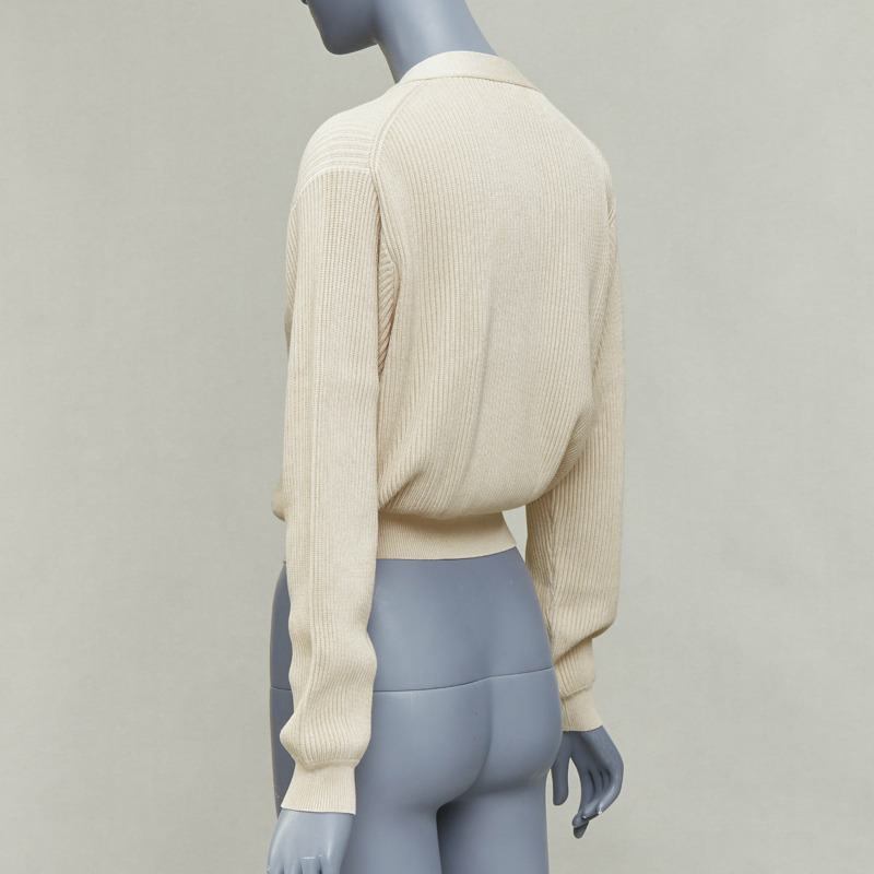 HERMES ecru viscose silk silver zipper head ribbed crop cardigan FR36 S-6