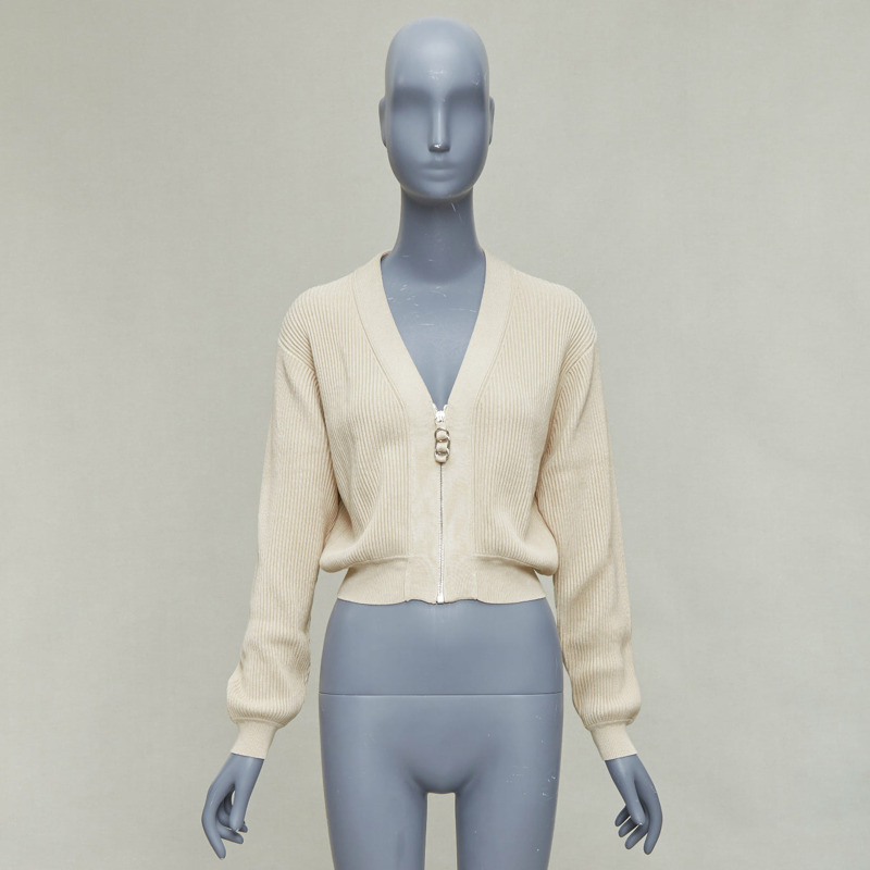 HERMES ecru viscose silk silver zipper head ribbed crop cardigan FR36 S-9