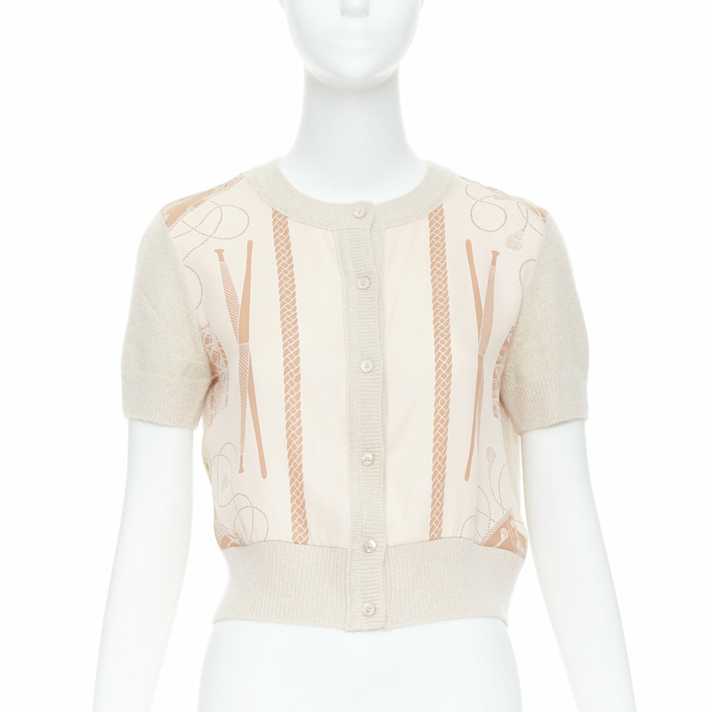 HERMES beige nude cashmere blend graphic silk crop cardigan FR38 M-0