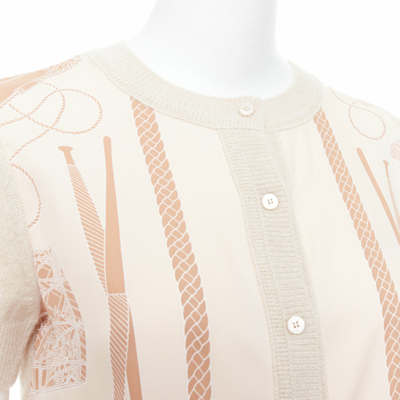 HERMES beige nude cashmere blend graphic silk crop cardigan FR38 M-1