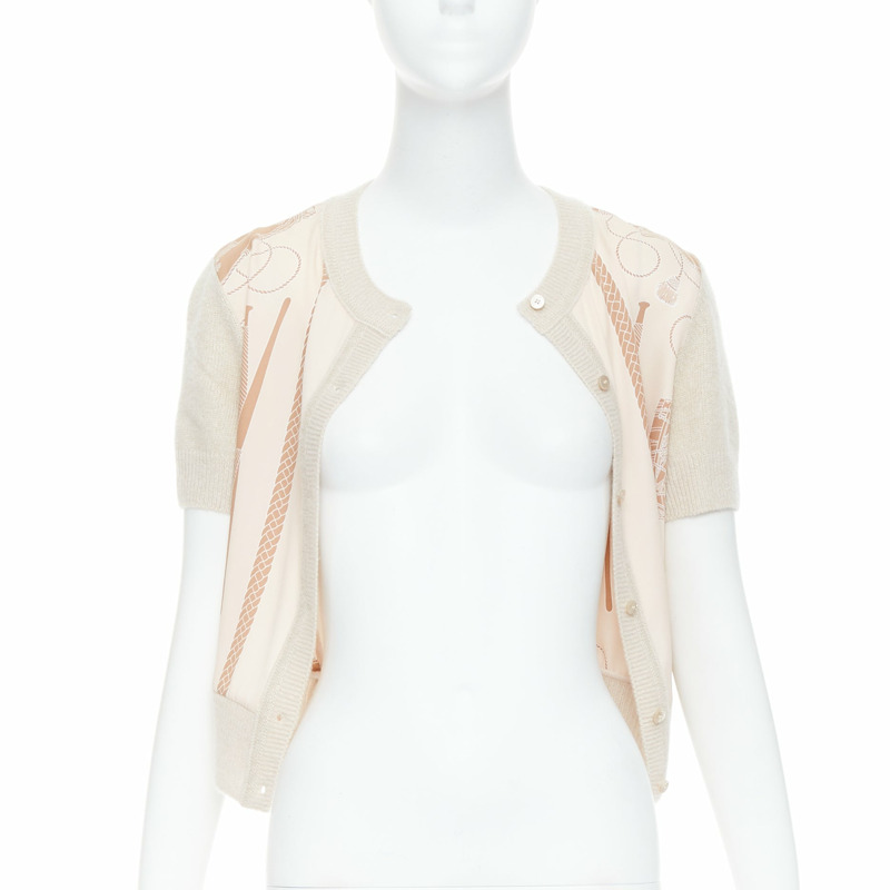 HERMES beige nude cashmere blend graphic silk crop cardigan FR38 M-2