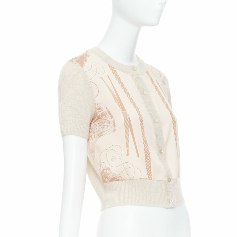 HERMES beige nude cashmere blend graphic silk crop cardigan FR38 M-3