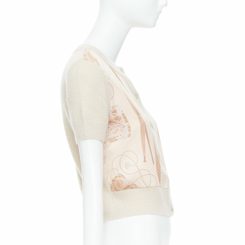 HERMES beige nude cashmere blend graphic silk crop cardigan FR38 M-4