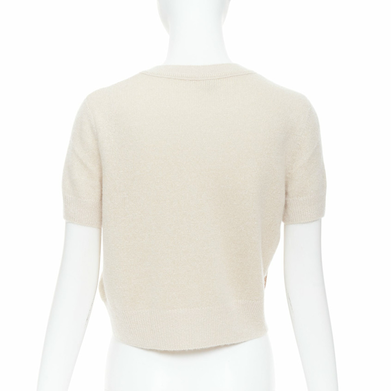 HERMES beige nude cashmere blend graphic silk crop cardigan FR38 M-5