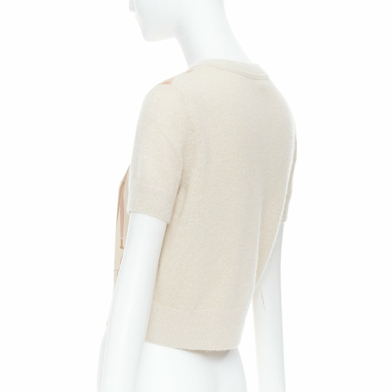 HERMES beige nude cashmere blend graphic silk crop cardigan FR38 M-6