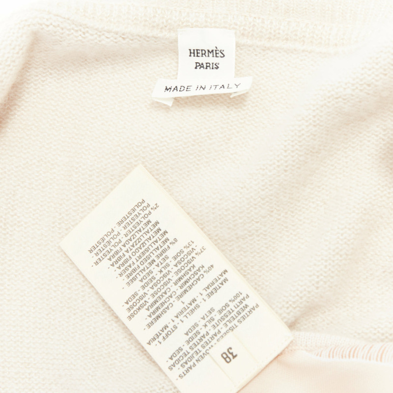 HERMES beige nude cashmere blend graphic silk crop cardigan FR38 M-8