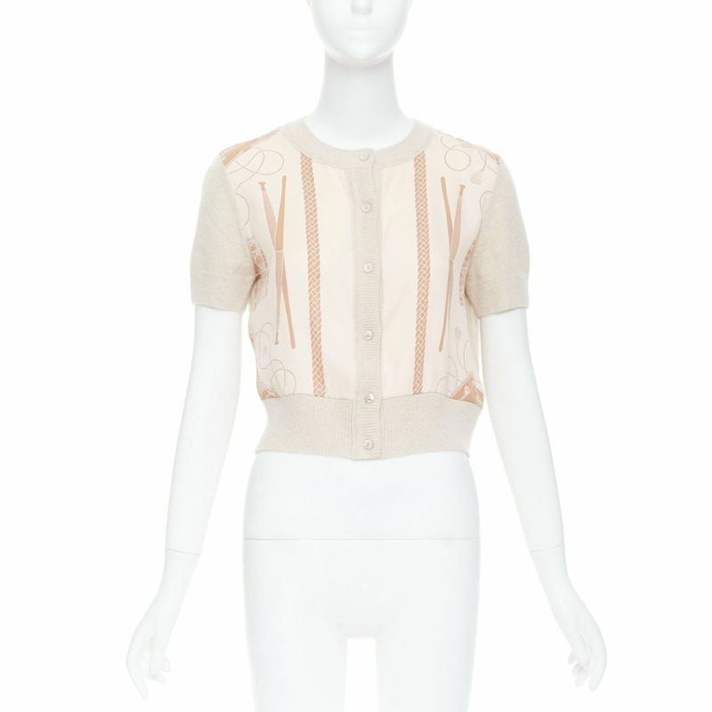 HERMES beige nude cashmere blend graphic silk crop cardigan FR38 M-9