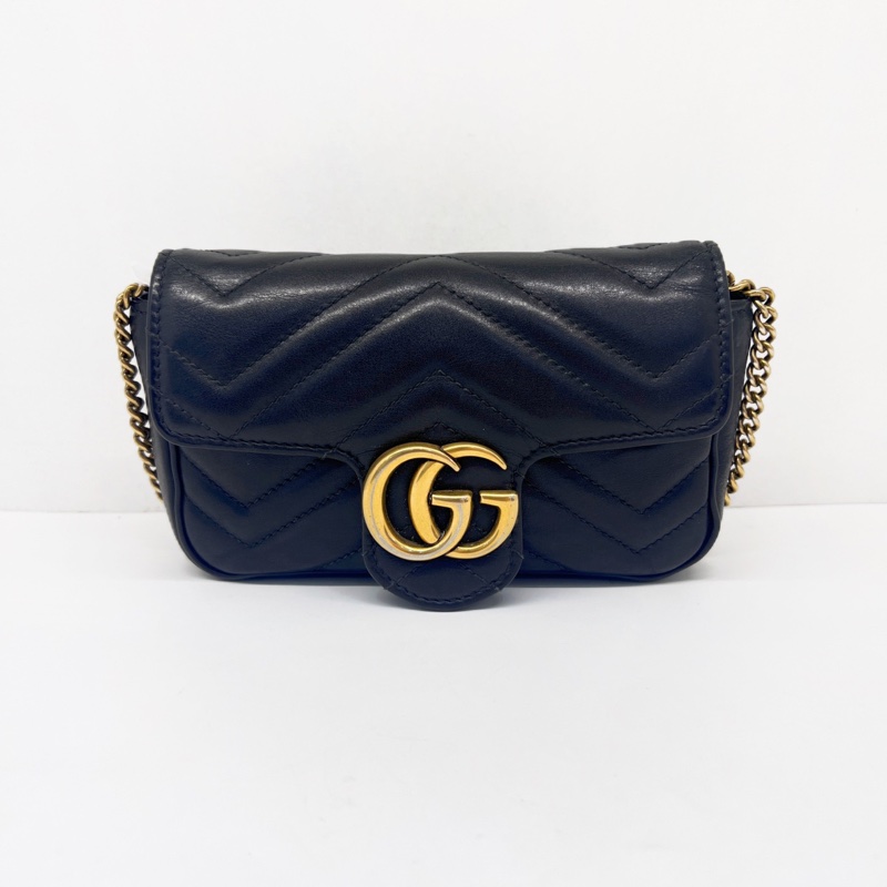 Gucci古馳馬蒙Marmont mini迷你鏈條包黑色配金色雙G扣 斜背包-0