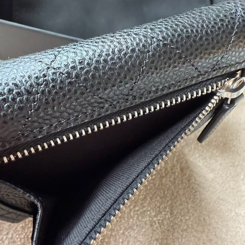 CHANEL 經典雙C logo黑色荔枝牛皮三折短夾-8