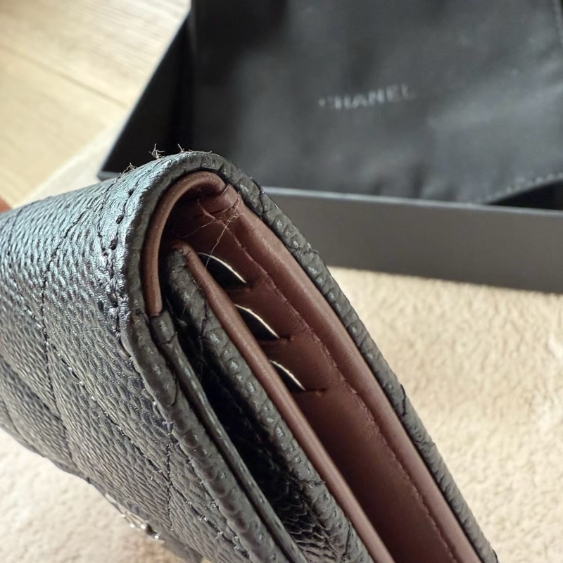 CHANEL 經典雙C logo黑色荔枝牛皮三折短夾-12