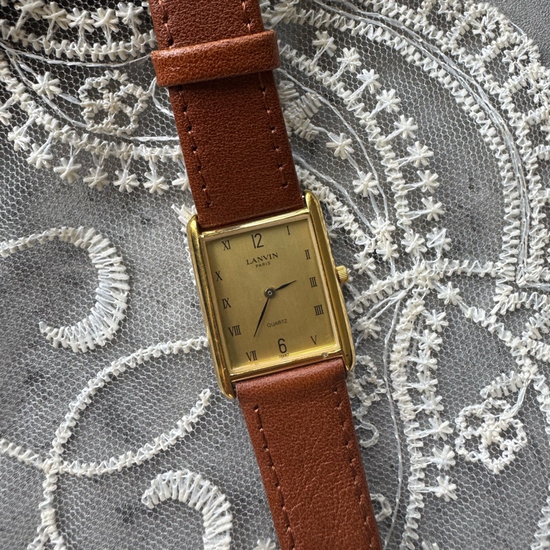 法國製 Lanvin 方形石英皮革手錶 女表-4