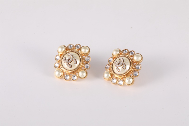 CHANEL(香奈兒)  合金 22A 雙C logo 珍珠水鑽 耳環耳釘-1