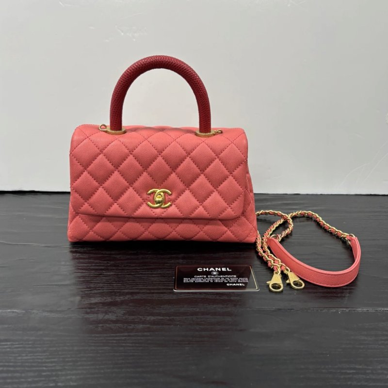 CHANEL CoCohandle小號粉金紅手柄 肩背手提斜背包 23*14*9 99新 配件塵袋保卡-0