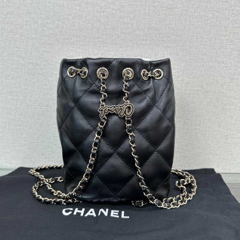 CHANEL 黑金菱格紋羊皮鏈條水桶後背包 16.5*22*7.5 全新閒置配件盒子塵袋-5