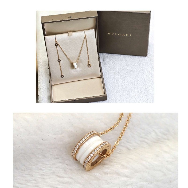 BVLGARI/寶格麗 新刻B.zero1系列18K玫瑰金白陶瓷雙排鑽彈簧項鏈-0
