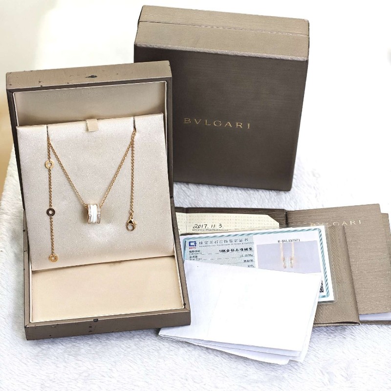 BVLGARI/寶格麗 新刻B.zero1系列18K玫瑰金白陶瓷雙排鑽彈簧項鏈-1