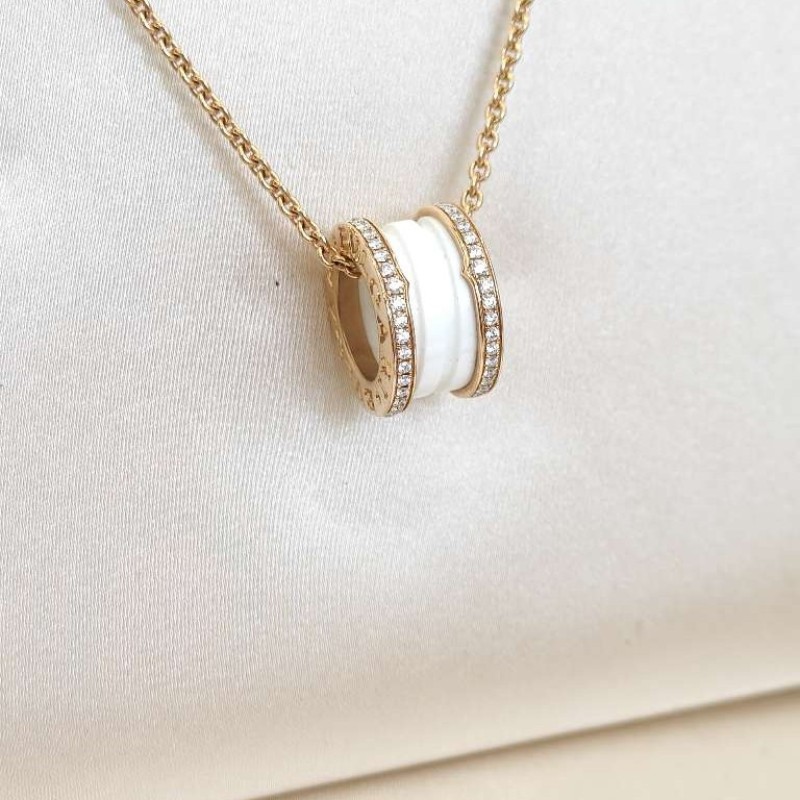 BVLGARI/寶格麗 新刻B.zero1系列18K玫瑰金白陶瓷雙排鑽彈簧項鏈-2