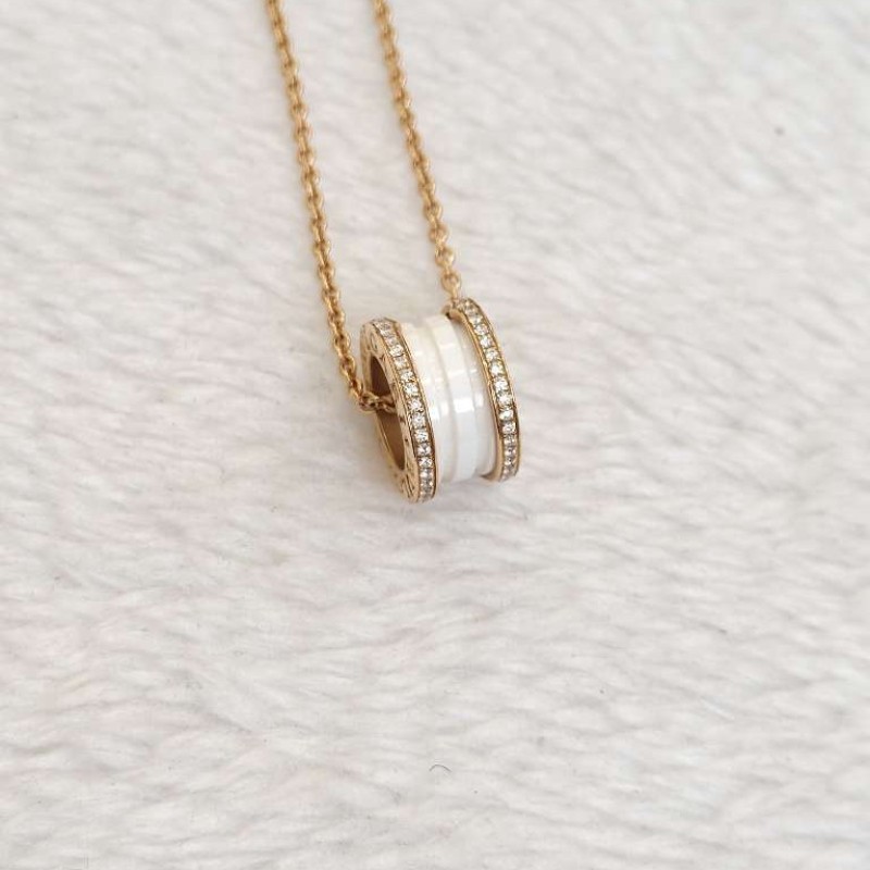 BVLGARI/寶格麗 新刻B.zero1系列18K玫瑰金白陶瓷雙排鑽彈簧項鏈-3