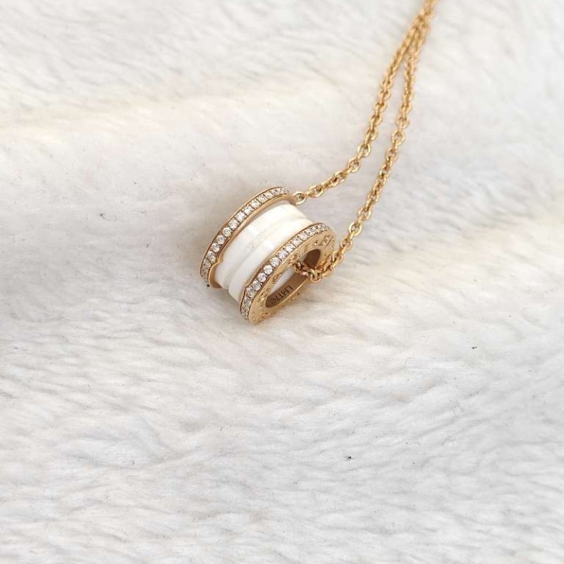 BVLGARI/寶格麗 新刻B.zero1系列18K玫瑰金白陶瓷雙排鑽彈簧項鏈-5