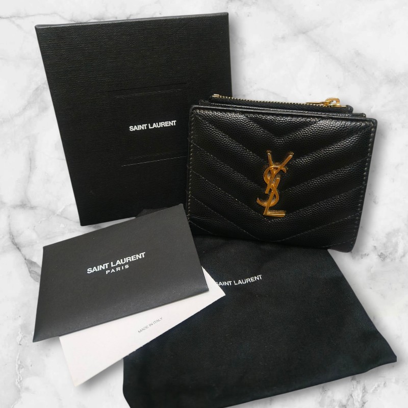 🔥10/3-10/31週年慶🔥【超狂優惠】✨YSL✨SAINT LAURENT （附盒/防塵袋）聖羅蘭 黑金 魚子醬 短夾 皮夾 錢包/二手精品/二手皮夾/保證正品🌳二手樹屋🌳-0