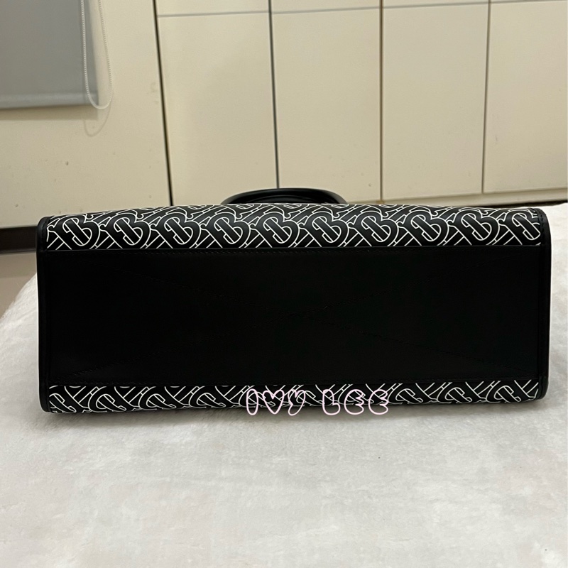 BURBERRY 經典黑色牛皮 滿版LOGO 托特包 男士 斜背包 手提包 正品 二手精品-2
