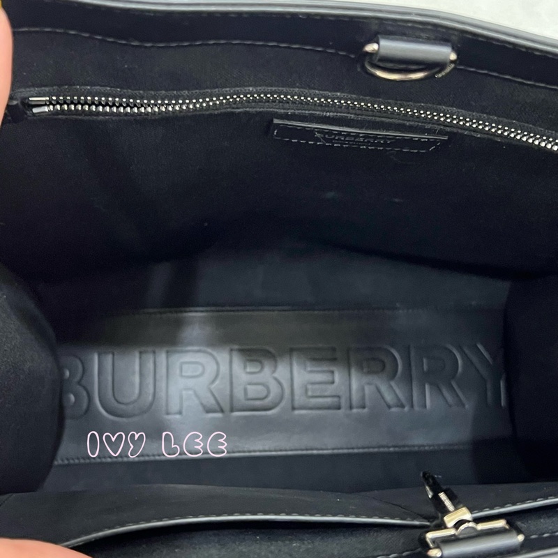 BURBERRY 經典黑色牛皮 滿版LOGO 托特包 男士 斜背包 手提包 正品 二手精品-3