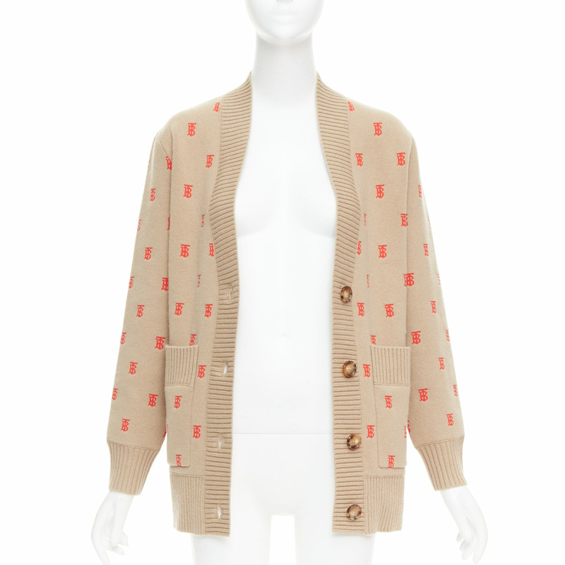 BURBERRY TB monogram camel red cashmere blend oversied cardigan XS-2