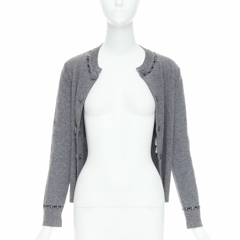 MARC JACOBS grey wool cashmere embellished trim cardigan sweater XS-2