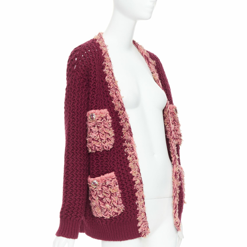 CHANEL 2022 Runway 100% cashmere burgundy pink tweed 4 pockets cardigan FR34 XS-2