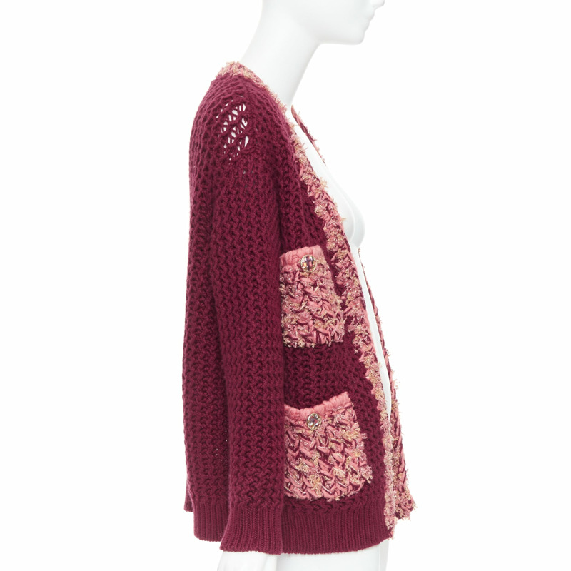 CHANEL 2022 Runway 100% cashmere burgundy pink tweed 4 pockets cardigan FR34 XS-3