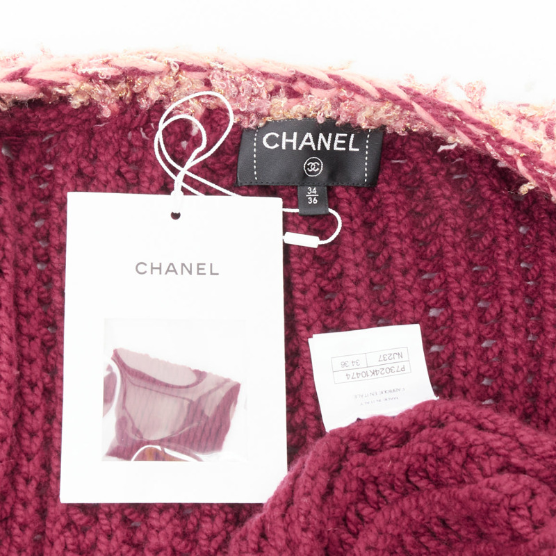 CHANEL 2022 Runway 100% cashmere burgundy pink tweed 4 pockets cardigan FR34 XS-7