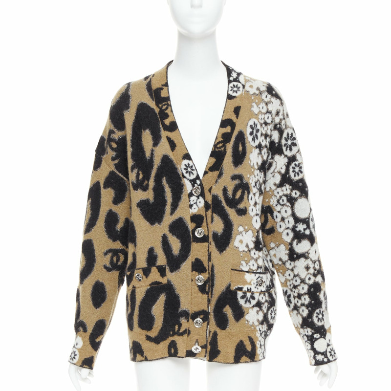 CHANEL A23 Runway brown black CC logo cashmere mohair cardigan FR40 L-0