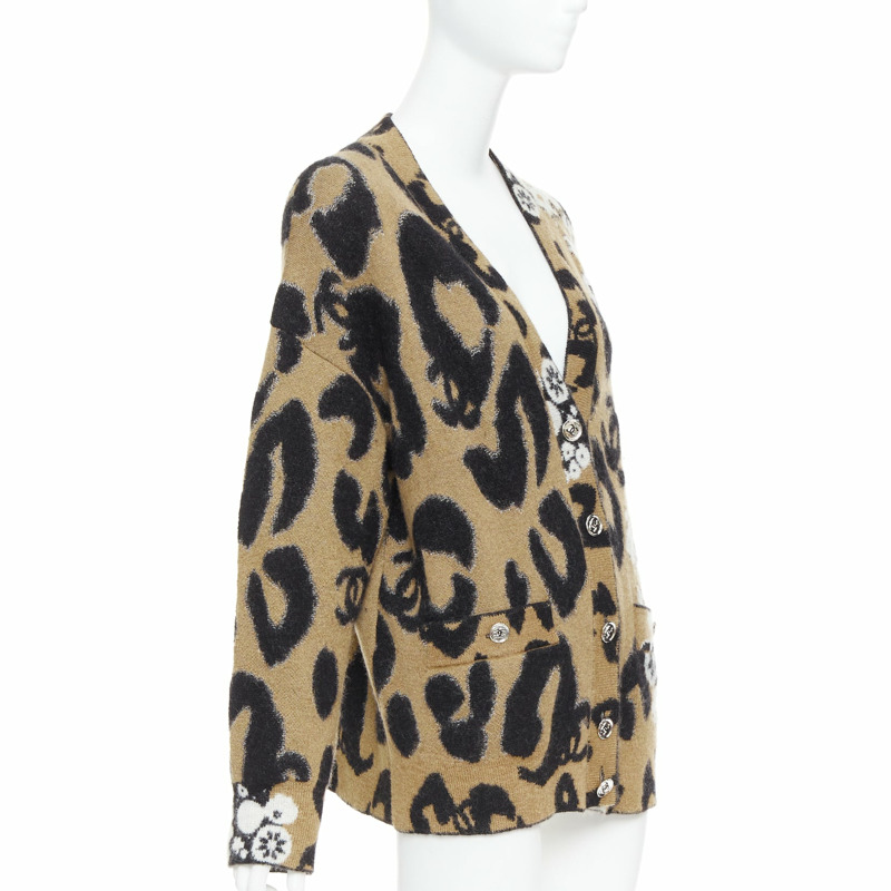 CHANEL A23 Runway brown black CC logo cashmere mohair cardigan FR40 L-3