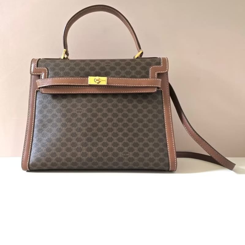 【LA LUNE】絕版中古包 Celine老花金扣凱莉包 皮革包 單肩包 側背包 斜背包-0