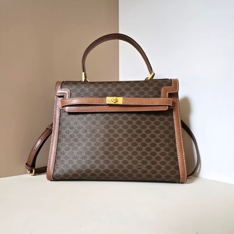 【LA LUNE】絕版中古包 Celine老花金扣凱莉包 皮革包 單肩包 側背包 斜背包-3