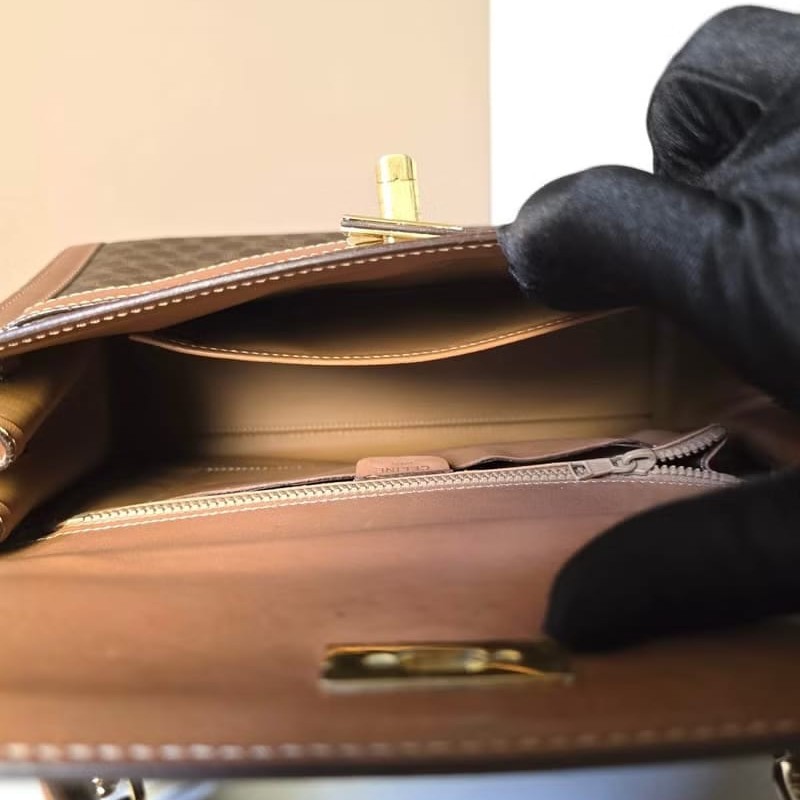 【LA LUNE】絕版中古包 Celine老花金扣凱莉包 皮革包 單肩包 側背包 斜背包-4