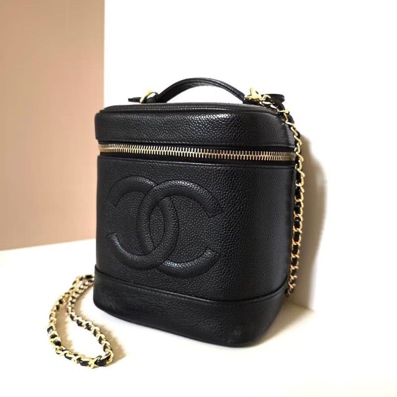 絕版古董包 Chanel黑色魚子醬化妝盒子包 斜背包 側背包 單肩包-0