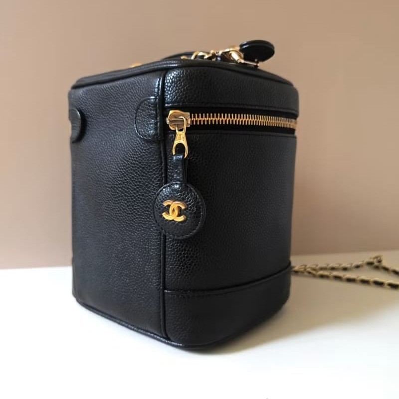 絕版古董包 Chanel黑色魚子醬化妝盒子包 斜背包 側背包 單肩包-4
