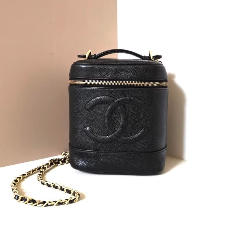 絕版古董包 Chanel黑色魚子醬化妝盒子包 斜背包 側背包 單肩包-6