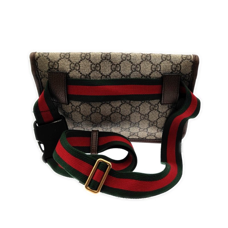 GUCCI古馳 Neo Vintage系列 燙金標誌老花滿印虎頭裝飾條紋肩帶 帆布拼皮 郵差包 腰包斜挎包 小號 男款 烏木色棕色-3